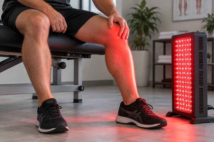 Red light therapy applied to a patient's knee at Nuro Chiropractic in Brooklyn, NY