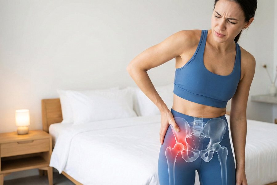 Woman with severe hip pain holding her leg, evaluated by Dr. Brian Donovan at Nuro Chiropractic in Brooklyn